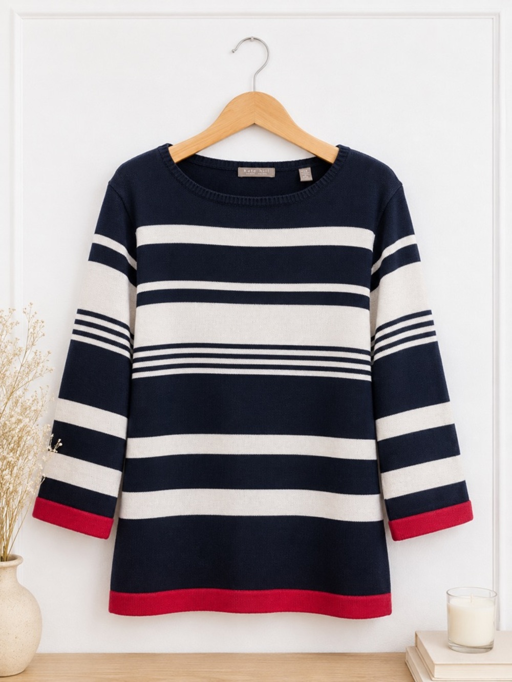 Kate Hill 100% Cotton Nautical Striped Sweater 1X Navy White Red
